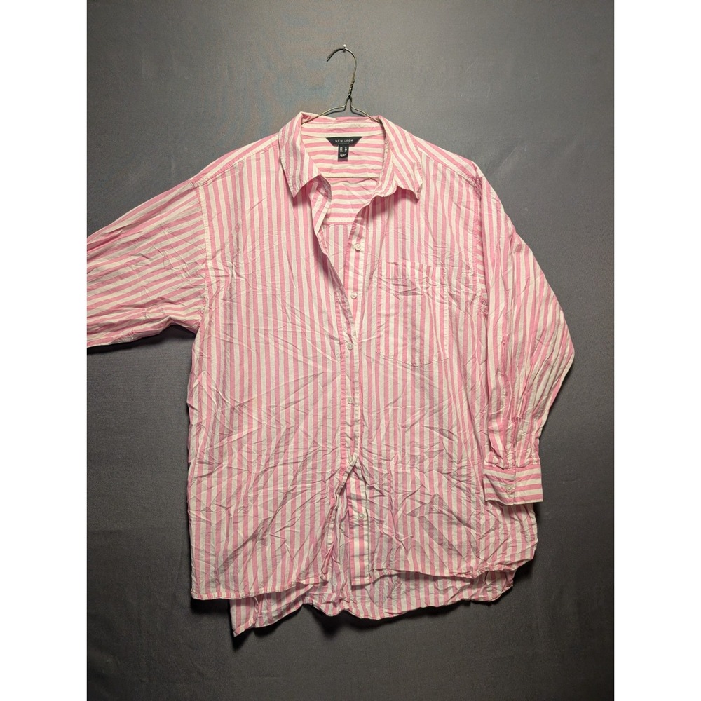 New Look Shirt Womens 8 Pink White Stripe Button Down Coastal Grandmother Summer